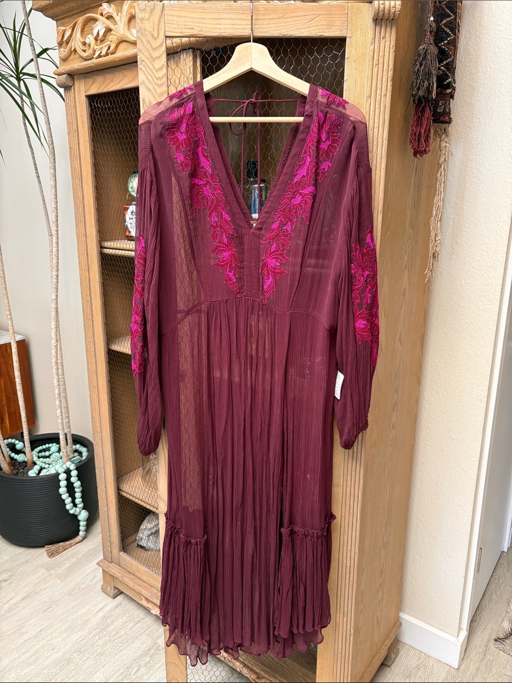 Free People Burgundy Floral Embroidery Sheer Overlay Dress